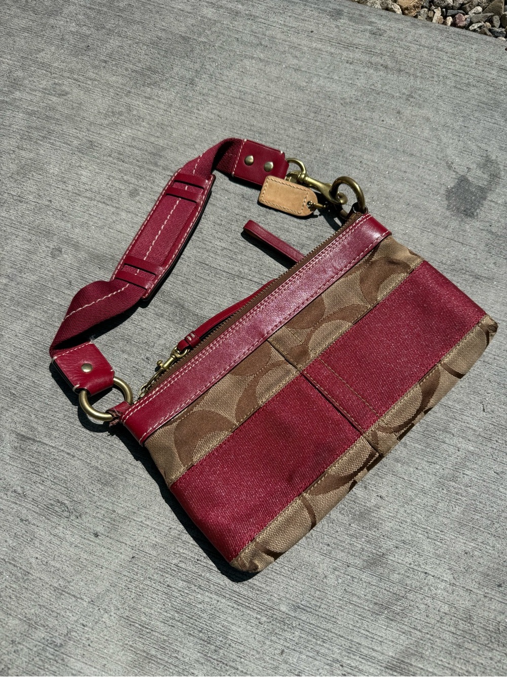 Coach Signature Canvas Crossbody with Red Leather Trim